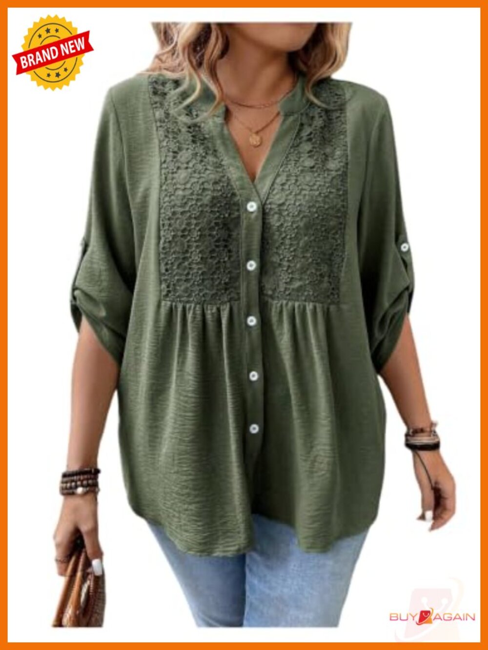 Plus Size Boho Floral Embroidered Button Down Blouse V Neck 3/4 Sleeve Tunic Top